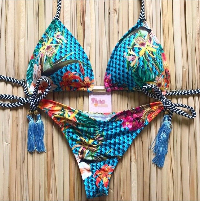 Sexy brazilian bikini set 2020 Feather print swimsuit women Bandeau swimwear female Hollow out bathing suit Micro 2 piece suit voguable
