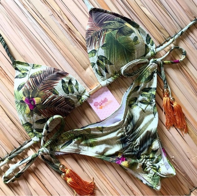 Sexy brazilian bikini set 2020 Feather print swimsuit women Bandeau swimwear female Hollow out bathing suit Micro 2 piece suit voguable