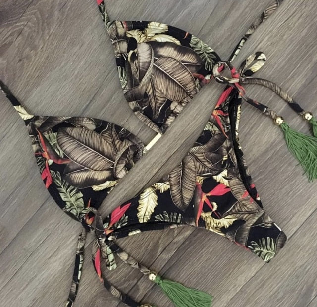Sexy brazilian bikini set 2020 Feather print swimsuit women Bandeau swimwear female Hollow out bathing suit Micro 2 piece suit voguable