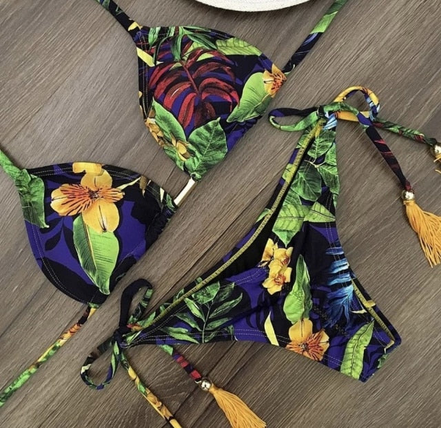 Sexy brazilian bikini set 2020 Feather print swimsuit women Bandeau swimwear female Hollow out bathing suit Micro 2 piece suit voguable