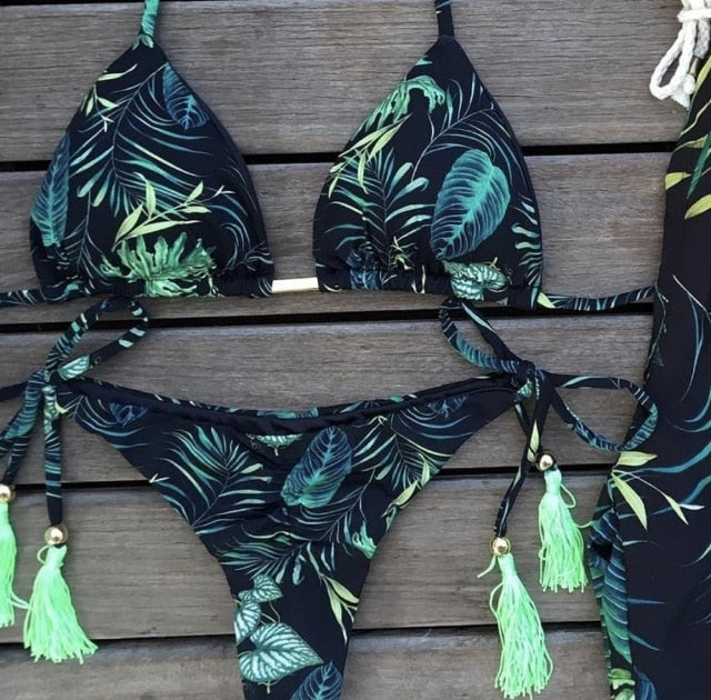 Sexy brazilian bikini set 2020 Feather print swimsuit women Bandeau swimwear female Hollow out bathing suit Micro 2 piece suit voguable
