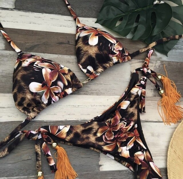 Sexy brazilian bikini set 2020 Feather print swimsuit women Bandeau swimwear female Hollow out bathing suit Micro 2 piece suit voguable