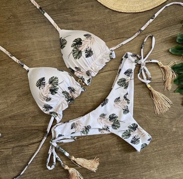 Sexy brazilian bikini set 2020 Feather print swimsuit women Bandeau swimwear female Hollow out bathing suit Micro 2 piece suit voguable