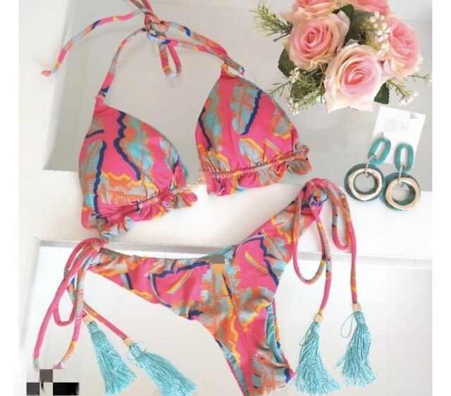 Sexy brazilian bikini set 2020 Feather print swimsuit women Bandeau swimwear female Hollow out bathing suit Micro 2 piece suit voguable