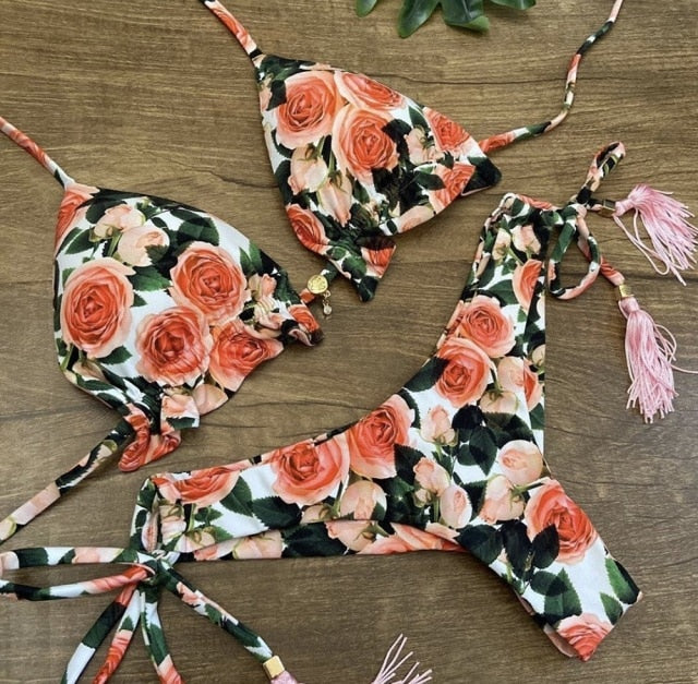 Sexy brazilian bikini set 2020 Feather print swimsuit women Bandeau swimwear female Hollow out bathing suit Micro 2 piece suit voguable