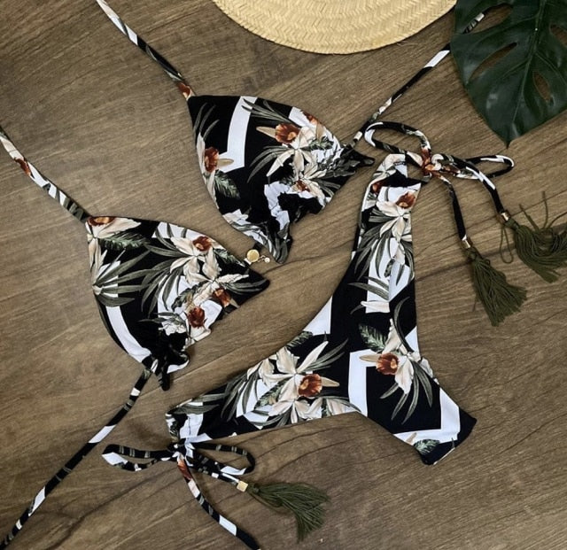 Sexy brazilian bikini set 2020 Feather print swimsuit women Bandeau swimwear female Hollow out bathing suit Micro 2 piece suit voguable