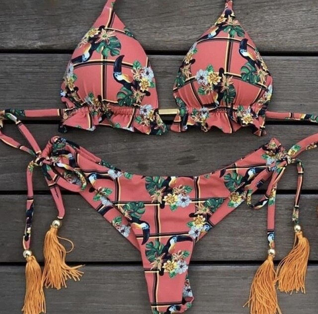 Sexy brazilian bikini set 2020 Feather print swimsuit women Bandeau swimwear female Hollow out bathing suit Micro 2 piece suit voguable