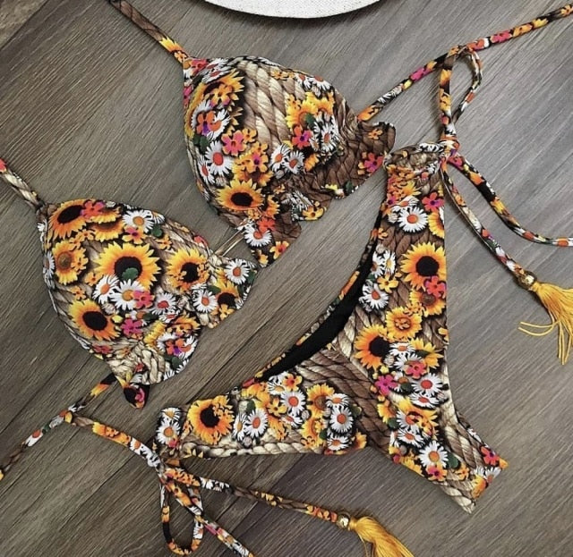 Sexy brazilian bikini set 2020 Feather print swimsuit women Bandeau swimwear female Hollow out bathing suit Micro 2 piece suit voguable