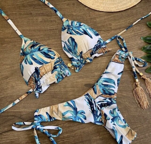 Sexy brazilian bikini set 2020 Feather print swimsuit women Bandeau swimwear female Hollow out bathing suit Micro 2 piece suit voguable