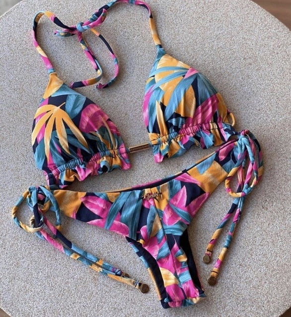Sexy brazilian bikini set 2020 Feather print swimsuit women Bandeau swimwear female Hollow out bathing suit Micro 2 piece suit voguable
