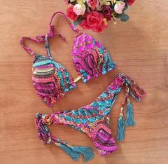 Sexy brazilian bikini set 2020 Feather print swimsuit women Bandeau swimwear female Hollow out bathing suit Micro 2 piece suit voguable