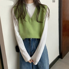 Sweater Vest Women Solid Autumn Winter All-match Leisure Outerwear Knitted V-Neck Sleeveless Female Elegant Chic Simple Harajuku voguable