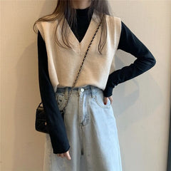 Sweater Vest Women Solid Autumn Winter All-match Leisure Outerwear Knitted V-Neck Sleeveless Female Elegant Chic Simple Harajuku voguable