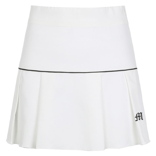 Waatfaak White Pleated Skirt Short Woman Elastic Waist Mini Skirts Sexy Mircro Summer Embroidery Mini Tennis Skirt New Preppy voguable