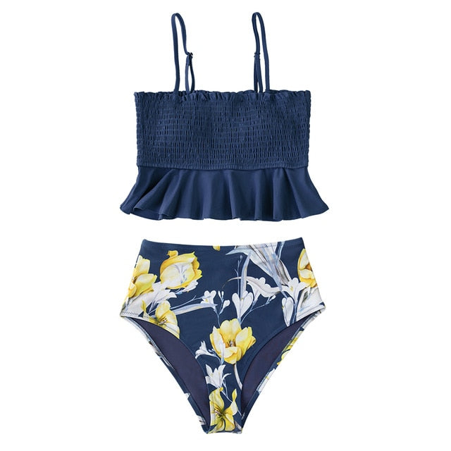 CUPSHE Smocked Blue Leaves Print Bikini Sets Women Ruffle High-waist Tankini Two Pieces Swimsuits 2021 Girl Boho Bathing Suits voguable