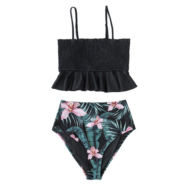 CUPSHE Smocked Blue Leaves Print Bikini Sets Women Ruffle High-waist Tankini Two Pieces Swimsuits 2021 Girl Boho Bathing Suits voguable