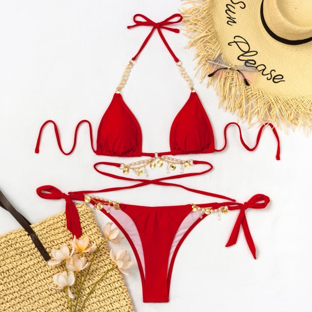 2021 Sexy Crystal Diamond Bikini Swimwear Women Swimsuit Chain Bandage Bikini Set Female Push Up Bathing Suits Summer Beach Wear voguable