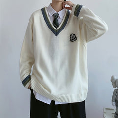 Voguable Men's Casual Sweater Oversize JK Knitted V-Neck Pullover Winter Woman Thicken Warm College Pullovers Unisex voguable