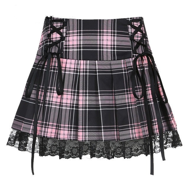 Darlingaga Harajuku Gothic Dark Academia Lace Trim Pleated Skirt Vintage Y2K Tie Up High Waist Skirt Mini Woman Goth Skirts 90s voguable
