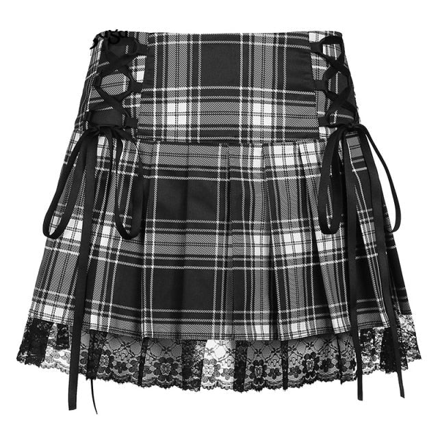 Darlingaga Harajuku Gothic Dark Academia Lace Trim Pleated Skirt Vintage Y2K Tie Up High Waist Skirt Mini Woman Goth Skirts 90s voguable