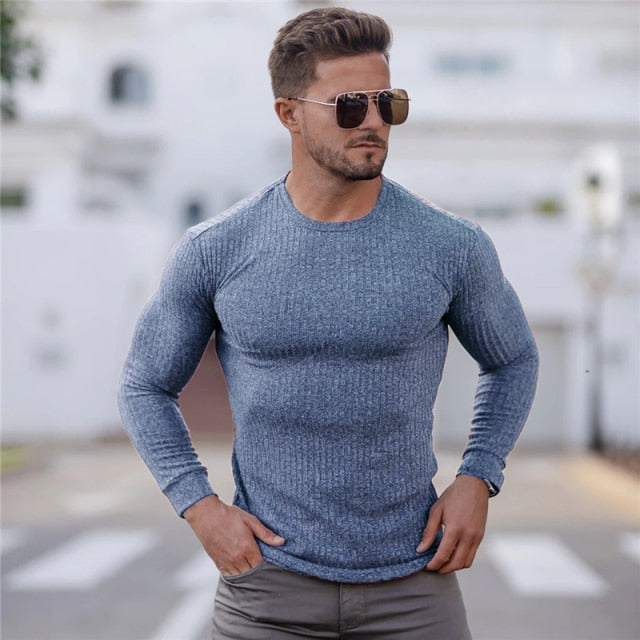 Voguable 2021 Autumn Fashion Men's T-shirt Sweater O-Neck Slim Fit Knittwear Mens Long Sleeve Pullovers Tshirts Men Fitness Pull Homme voguable