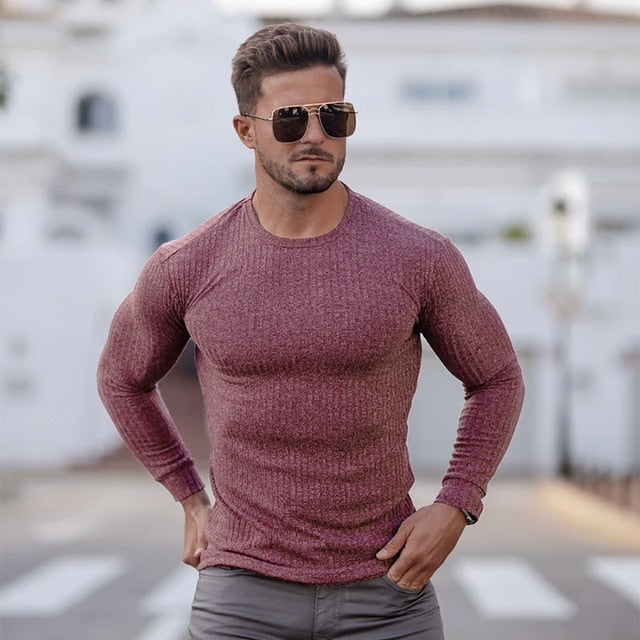 Voguable 2021 Autumn Fashion Men's T-shirt Sweater O-Neck Slim Fit Knittwear Mens Long Sleeve Pullovers Tshirts Men Fitness Pull Homme voguable
