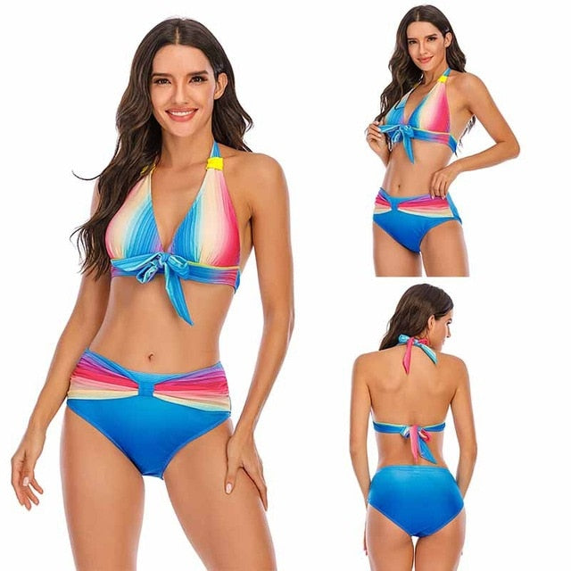 Voguable S-5XL Plus Size Neon Striped Bikini Set Push Up Women High Waist Halter Beach Swimwear Retro Bowknot Bathing Suit Swimming Suit voguable