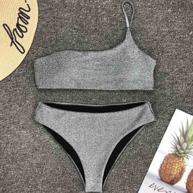 New Sexy Bandeau Shiny Glitter Bikini Set Women Swimwear Swimsuit With Pad Bow Bikinis High waist Bather Bathing Suit Swim Wear voguable