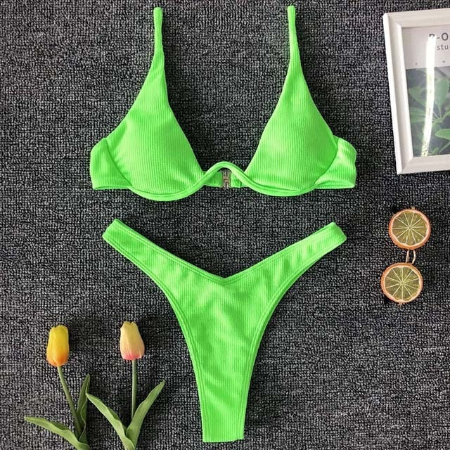 Sexy Neon V-bar Underwired Bikini 2021 Female Ribbed Swimsuit Women Thong Swimwear Two-pieces Bikini set Push up Bathing Suit voguable