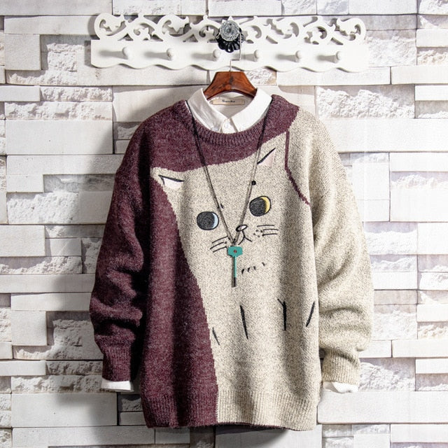 Voguable Wholesale embroidery teenagers casual Couple cat sweater men's autumn and winter lazy warmth base thick plus velvet sweater voguable
