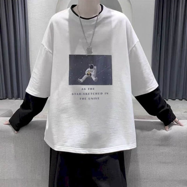 Voguable Long Sleeve Fake Two-piece T Shirt Striped Big Shirts Men Clothing Men Fashion 2020 New Oversized Tees Clothes Tshirt voguable