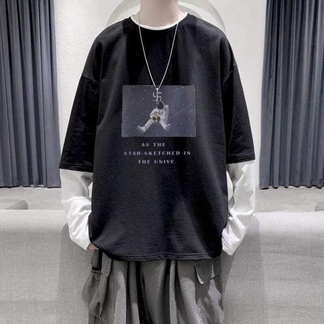 Voguable Long Sleeve Fake Two-piece T Shirt Striped Big Shirts Men Clothing Men Fashion 2020 New Oversized Tees Clothes Tshirt voguable