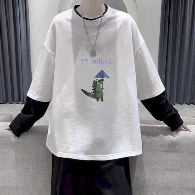 Voguable Long Sleeve Fake Two-piece T Shirt Striped Big Shirts Men Clothing Men Fashion 2020 New Oversized Tees Clothes Tshirt voguable