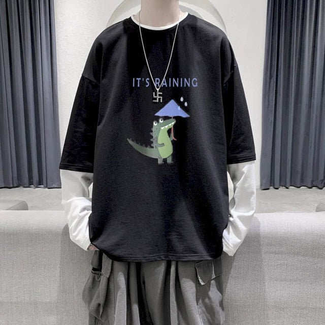 Voguable Long Sleeve Fake Two-piece T Shirt Striped Big Shirts Men Clothing Men Fashion 2020 New Oversized Tees Clothes Tshirt voguable