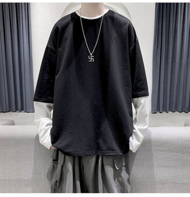 Voguable Long Sleeve Fake Two-piece T Shirt Striped Big Shirts Men Clothing Men Fashion 2020 New Oversized Tees Clothes Tshirt voguable