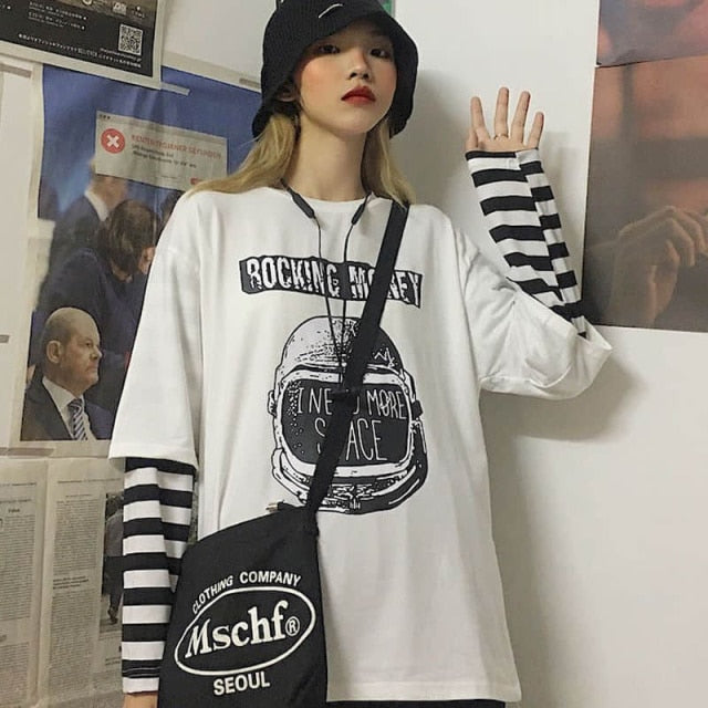 Voguable Long Sleeve Fake Two-piece T Shirt Striped Big Shirts Men Clothing Men Fashion 2020 New Oversized Tees Clothes Tshirt voguable