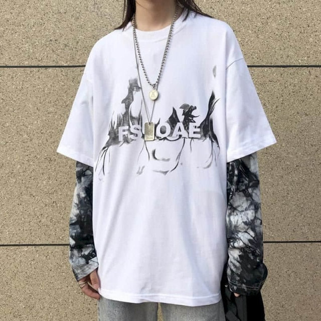 Voguable Long Sleeve Fake Two-piece T Shirt Striped Big Shirts Men Clothing Men Fashion 2020 New Oversized Tees Clothes Tshirt voguable