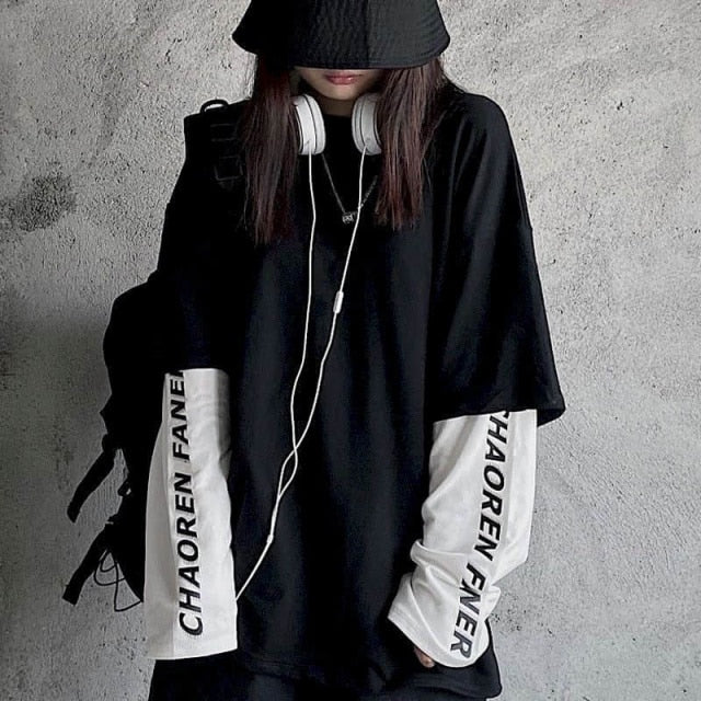 Voguable Long Sleeve Fake Two-piece T Shirt Striped Big Shirts Men Clothing Men Fashion 2020 New Oversized Tees Clothes Tshirt voguable