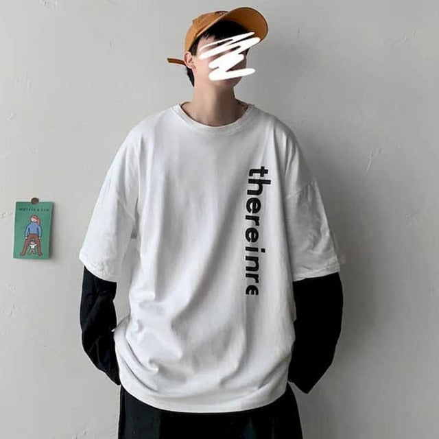 Voguable Long Sleeve Fake Two-piece T Shirt Striped Big Shirts Men Clothing Men Fashion 2020 New Oversized Tees Clothes Tshirt voguable