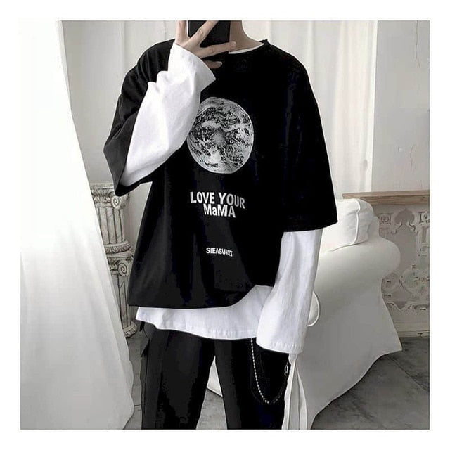 Voguable Long Sleeve Fake Two-piece T Shirt Striped Big Shirts Men Clothing Men Fashion 2020 New Oversized Tees Clothes Tshirt voguable