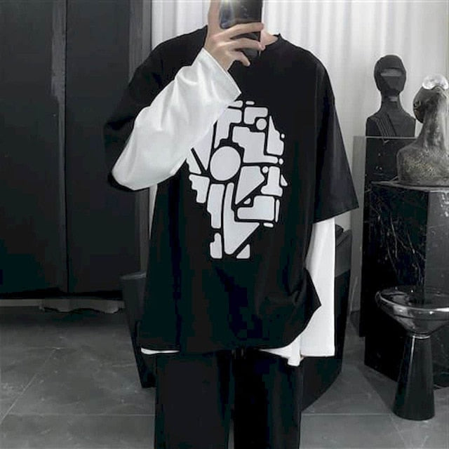 Voguable Long Sleeve Fake Two-piece T Shirt Striped Big Shirts Men Clothing Men Fashion 2020 New Oversized Tees Clothes Tshirt voguable