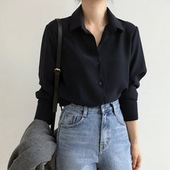 Summer New Arrival Women Solid Black Chiffon Blouse Long Sleeve Casual Shirt Women's Korean BF Style Chic Tops Feminina Blusa T0 voguable
