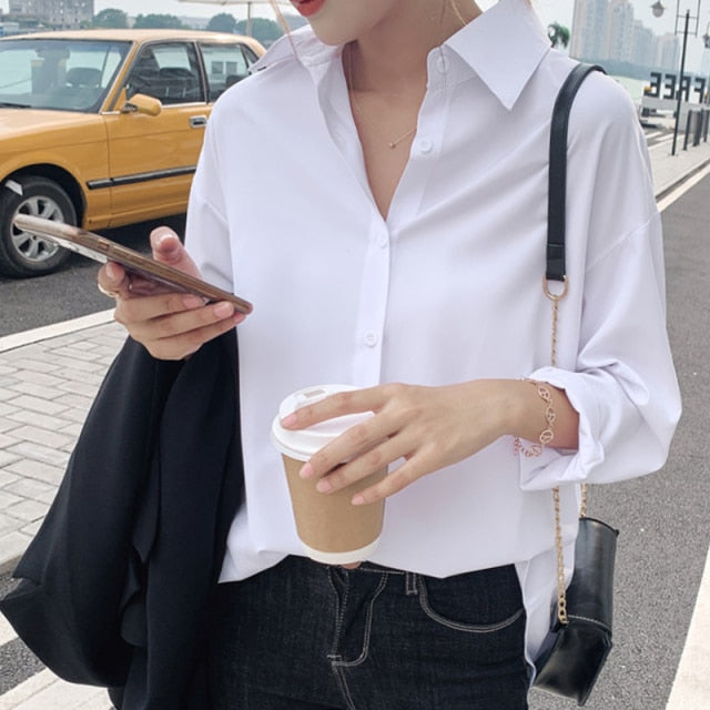 Summer New Arrival Women Solid Black Chiffon Blouse Long Sleeve Casual Shirt Women's Korean BF Style Chic Tops Feminina Blusa T0 voguable