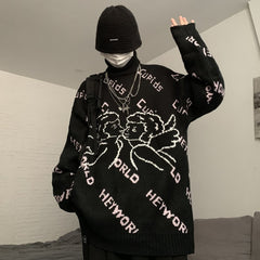 Oversized Streetwear Angel Pattern Women'S Sweater Retro Lazy Pullover Trendy Brand Round Neck Fashion Sweater Women 2021 Winter voguable