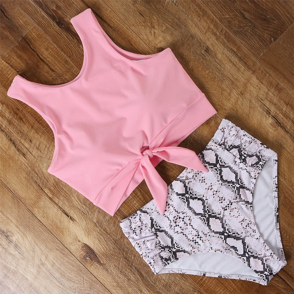 High Waist Bikini Leopard Swimsuit Women Bikini 2021 Floral Swimsuit Print High Neck Bikini Push Up Swimwear Snake Bathing Suit voguable