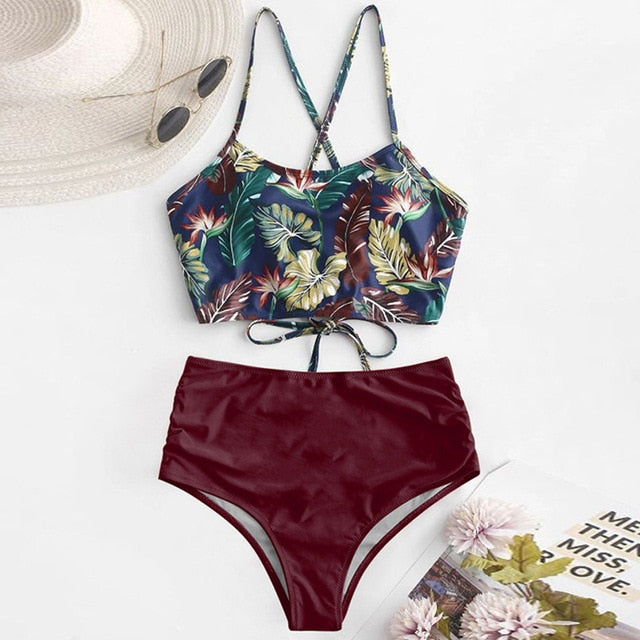High Waist Bikini Leopard Swimsuit Women Bikini 2021 Floral Swimsuit Print High Neck Bikini Push Up Swimwear Snake Bathing Suit voguable