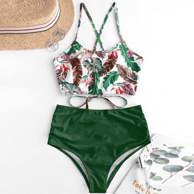 Voguable High Waist Bikini Leopard Swimsuit Women Bikini 2021 Floral Swimsuit Print High Neck Bikini Push Up Swimwear Snake Bathing Suit voguable