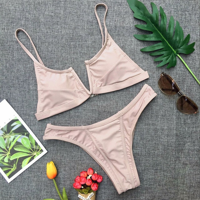 2021 Sexy Bikini Set Women Swimwear V Neck Swimsuit Female Push Up Bikini Set Solid Bathing Suit Beach Wear Biquini voguable