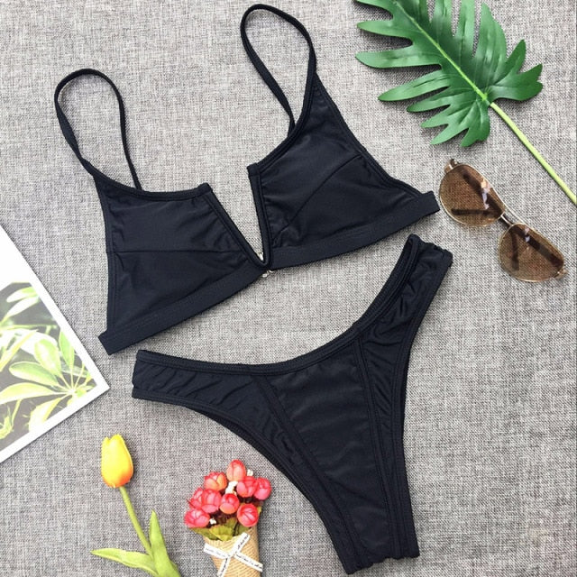 2021 Sexy Bikini Set Women Swimwear V Neck Swimsuit Female Push Up Bikini Set Solid Bathing Suit Beach Wear Biquini voguable