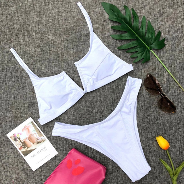 2021 Sexy Bikini Set Women Swimwear V Neck Swimsuit Female Push Up Bikini Set Solid Bathing Suit Beach Wear Biquini voguable